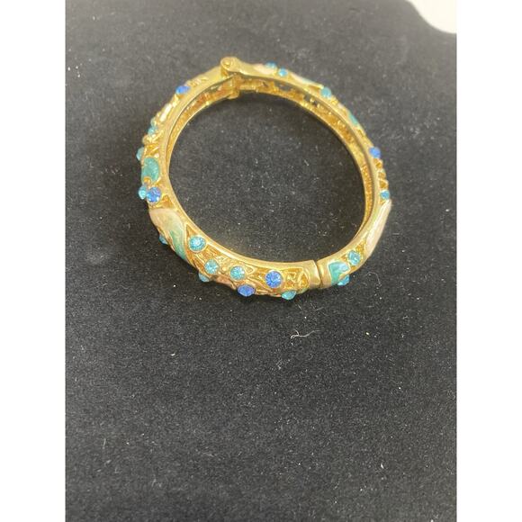Aqua Blue Flower Rhinestone And Enamel Bangle Hinged Cuff Bracelet Gold Tone - Picture 4 of 6
